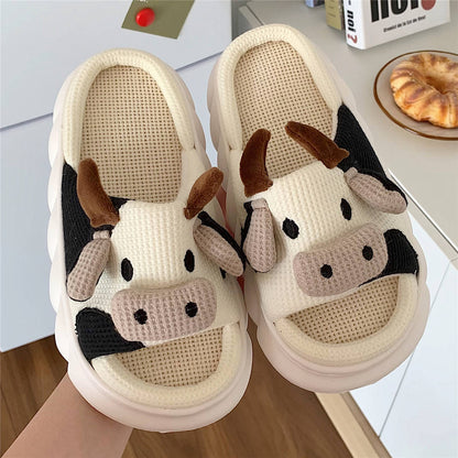 Thick Platform Home Slippers Women Linen Slippers Spring Summer Indoor Shoes Cartoon Animals Non Slip Outdoor Woman Slides