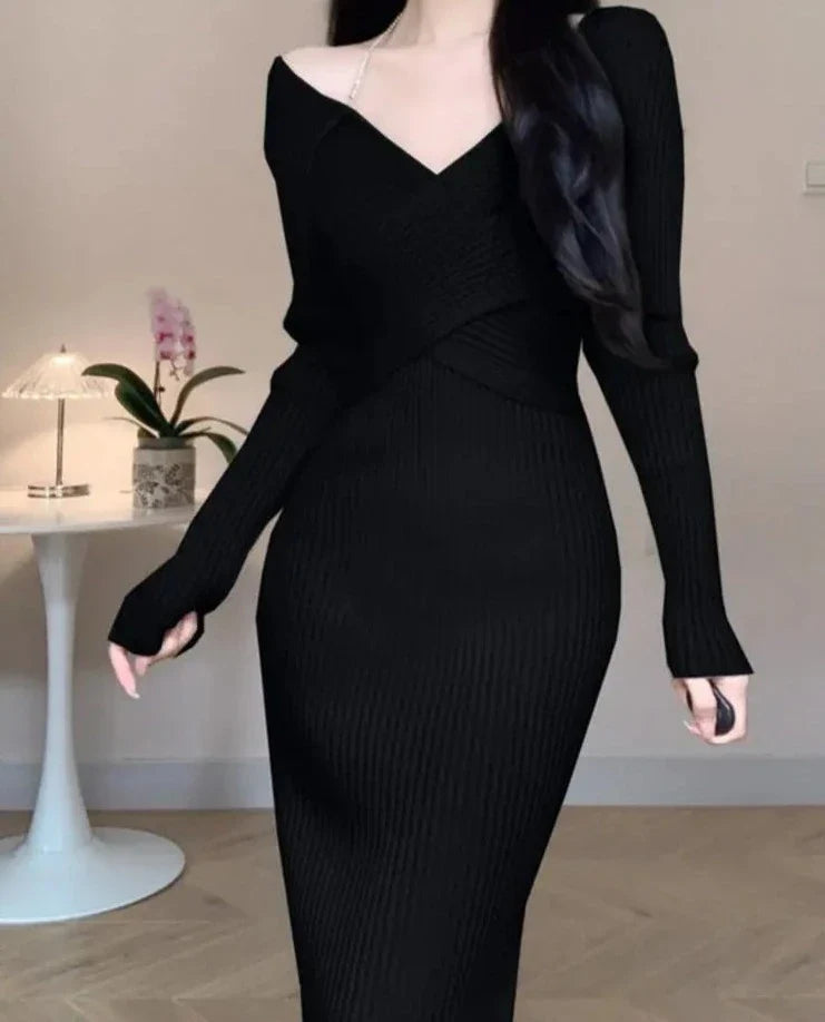 Women Elegant Slim Knitting Midi Dress Autumn New Solid Ribbed Bodycon Evening Party Vestidos Winter Sweater Robe Jumper