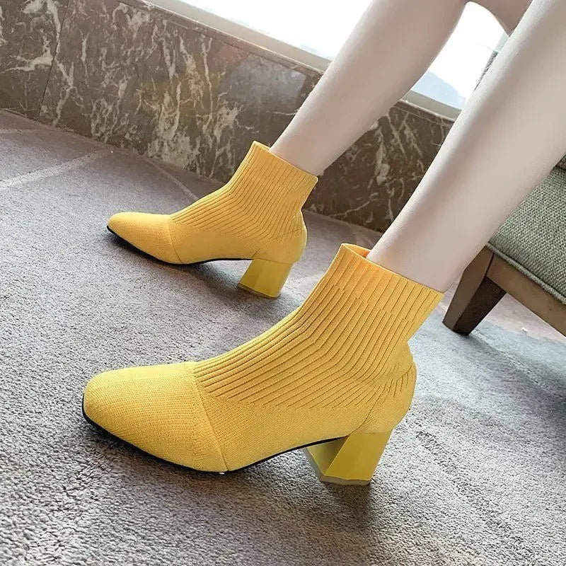 Booties Elastic Footwear White Heeled Very High Heels Short Shoes For Women Sock Female Ankle Boots With Young On Sale New In Pu