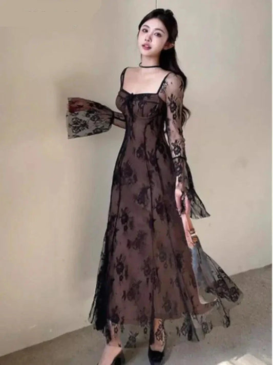 France Elegant Lace Dresses Women's Long Sleeve Lace Up Evening Party Club Vestido Spring Summer Vintage Robe Mujer