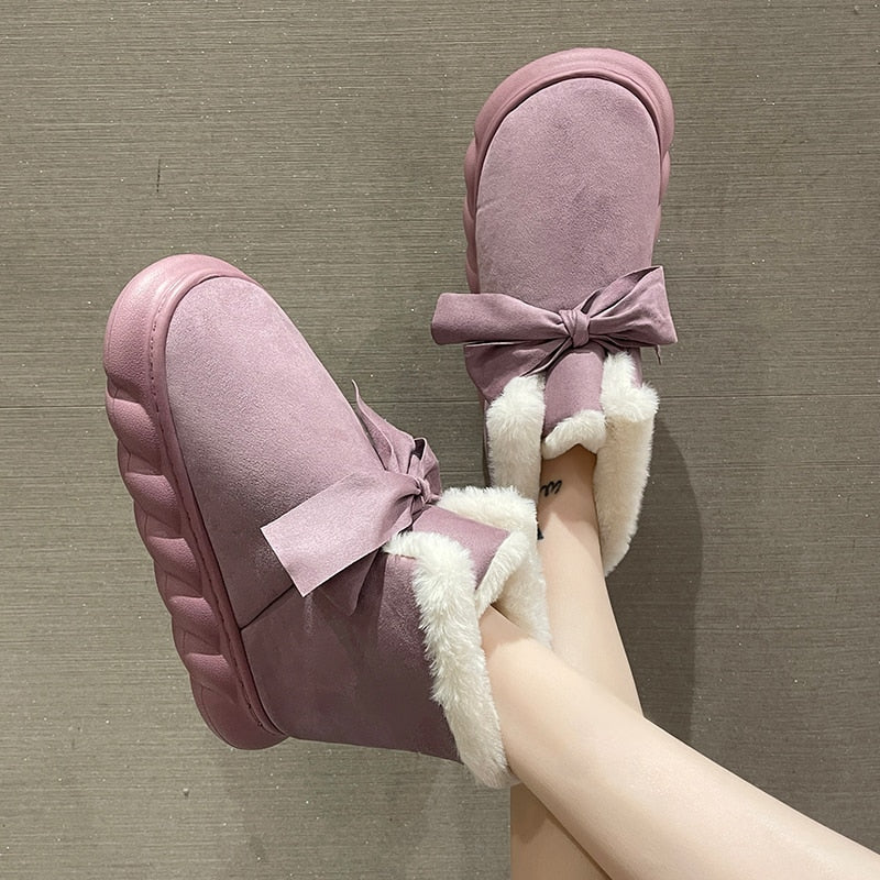 Winter Boots With Fur Australia Women's Rubber Shoes Rain Flat Heel Plush Snow  Ladies Lolita Slipper Flock Butterfly-knot B