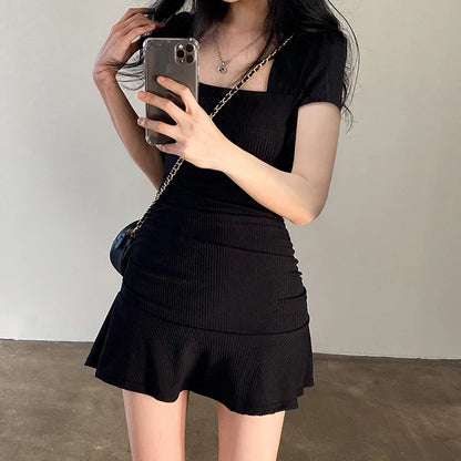 binfenxie Ruched Black Dress Women Square Collar Short Sleeve Slim Mini Dress Summer Korean Fashion Folds Ruffles Bodycon Sundress