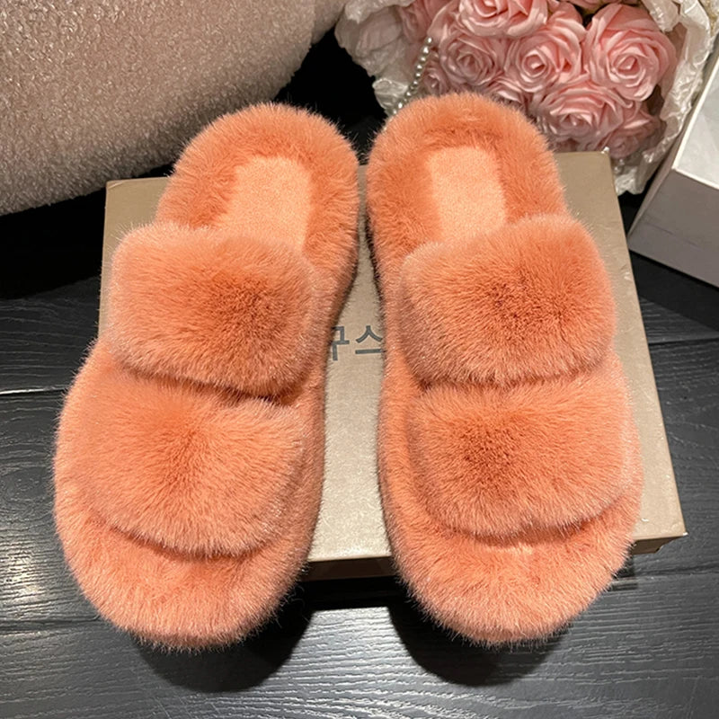 Winter Fluffy Slippers Women New House Home Fur Slippers For Women Flat Platform Cozy Fuzzy Indoor Shoes Korean Slides