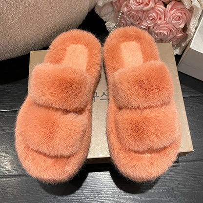 Winter Fluffy Slippers Women New House Home Fur Slippers For Women Flat Platform Cozy Fuzzy Indoor Shoes Korean Slides