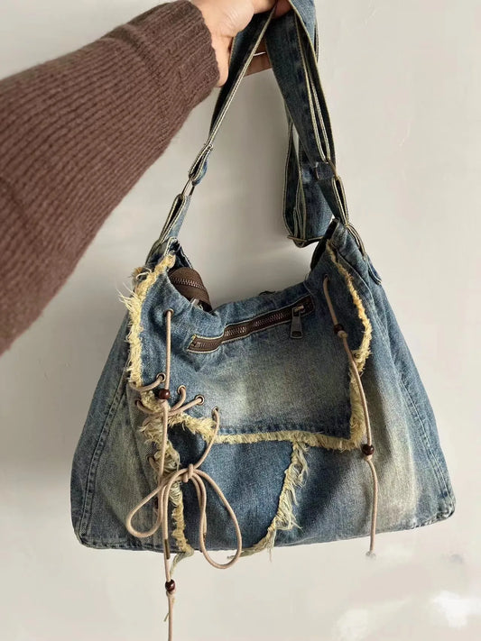 binfenxie Washed Denim Jeans Casual Totes for Women Shoulder Bags Soft Student Large Capacity Vintage Shopping Bag Female Handbags