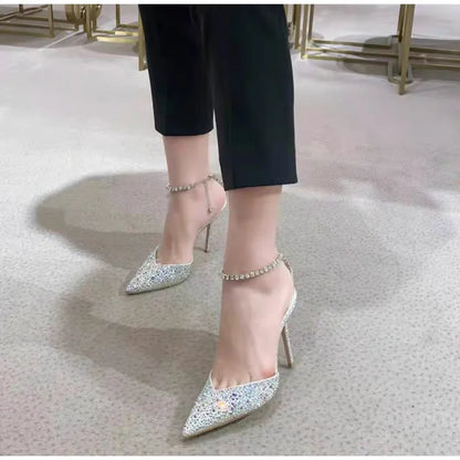 Futurecen Luxury Rhinestones Sequined Ankle Strap Women Pumps Elegant Stiletto High heels Spring Summer Fashion Crystal Wedding Prom Shoes