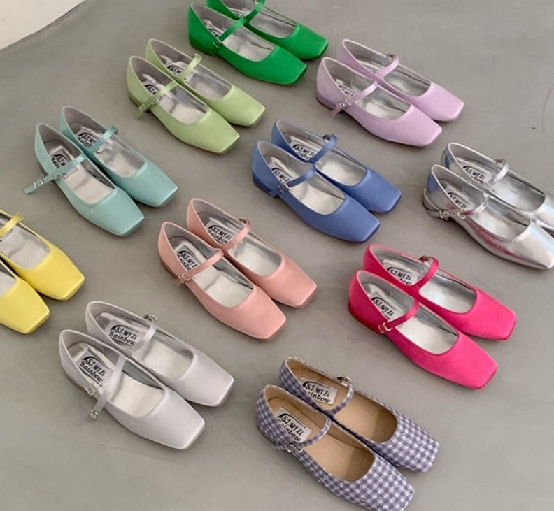 Spring Summer Shoes Women Flat Heels Square Toe Mary Jane Ballet Flats Rainbow Candy Color Ballerina Soft Casual Loafer