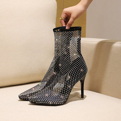 Women Hollow Out Full Sandals Full Rhinestone Mesh Summer Boots Women Thigh High Over The Knee Sandals Transparentes Size 43