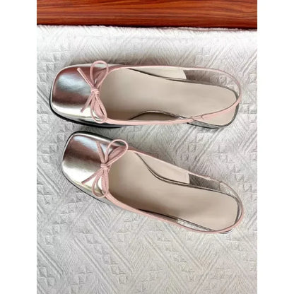 Summer Women's Flats Sliver Boat Shoes Square Toe Slip on Flat Shoes for Woman Ballet Flats Comfortable Bow Women's Sandals