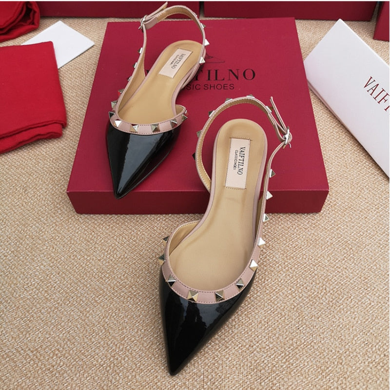 Women Flats Shoes Rivet Shoes with Buckles Pointed Toe Patent Leather Gladiator Sexy Stud Women Ballet Flat Shoes Sandals