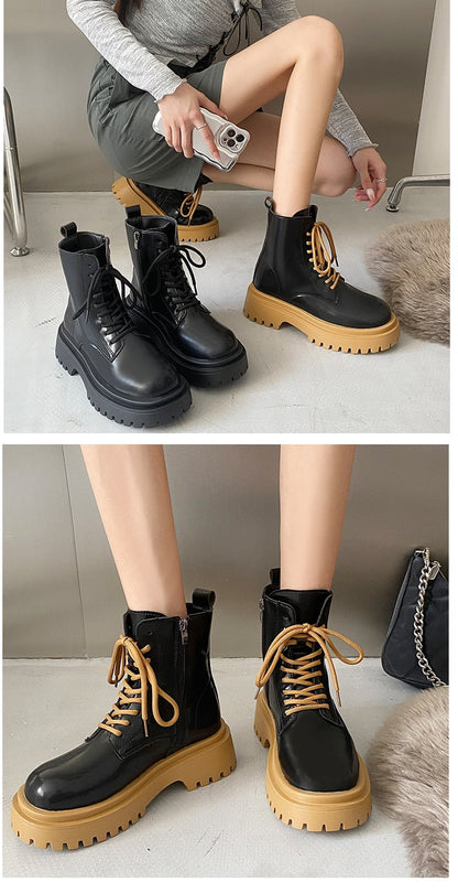 Boots Women New Flat Heel Shoes Round Toe Lace Up Lolita Ankle Med Ladies Autumn Rock Basic PVC Solid Short Plush Fabric La