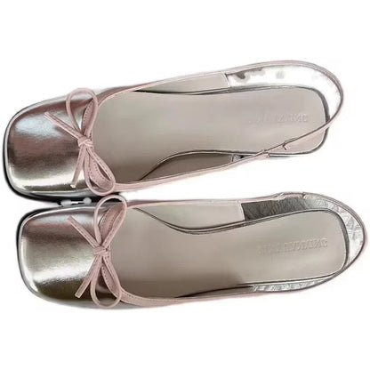 Summer Women's Flats Sliver Boat Shoes Square Toe Slip on Flat Shoes for Woman Ballet Flats Comfortable Bow Women's Sandals