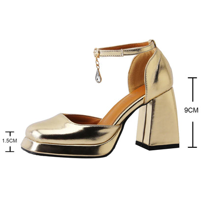 Futurecen 2024 New Gold Silver Platform Pumps Women Thick Heels Mary Jean Shoes Woman Square Toe High Heeled Shoes Ladies Mirror Pumps