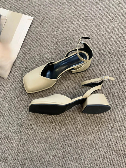 binfenxie  -   Summer Hollow Out Pure Color Sandals Woman Non Slip Casual Elegant Shoes Beach Korean Style Buckle Medium Heels Shoes Slim