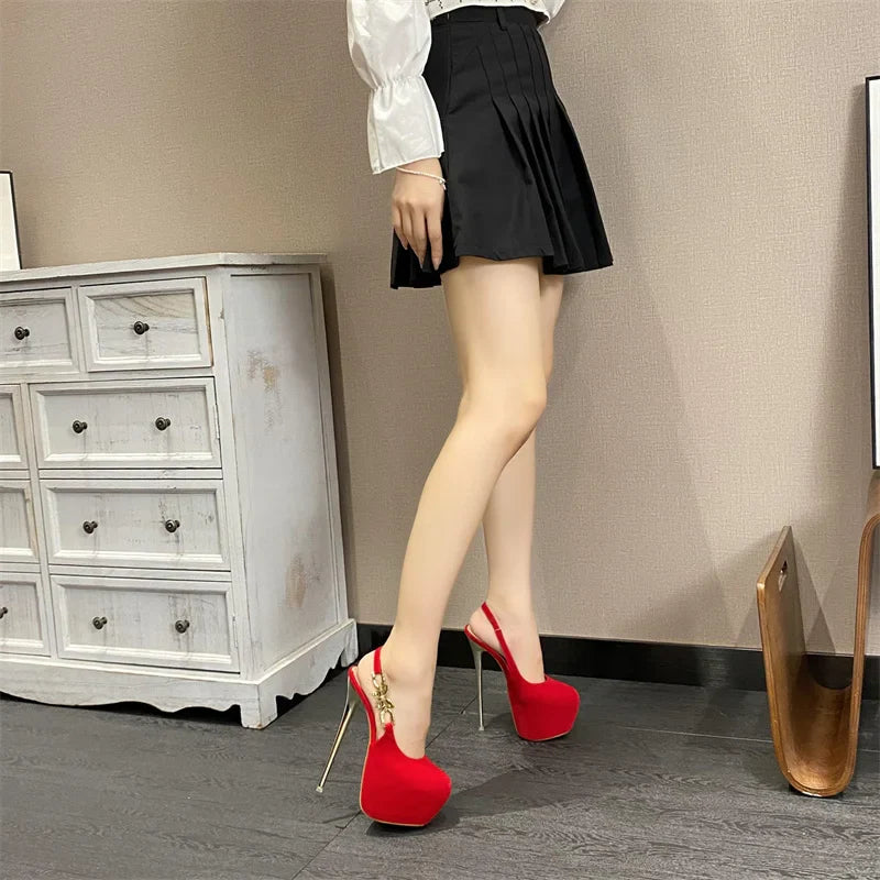 Futurecen Elegant Women Wedding Banquet Prom Shoe Fashion Metal Butterfly Chain Back Strap Extreme High Heels Platform Pumps Size 42