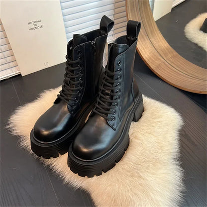 High Platform Women's Motorcycle Boot for Winter Fashion Lace Up Square Heel Short Booties Autumn Girl's Shoes