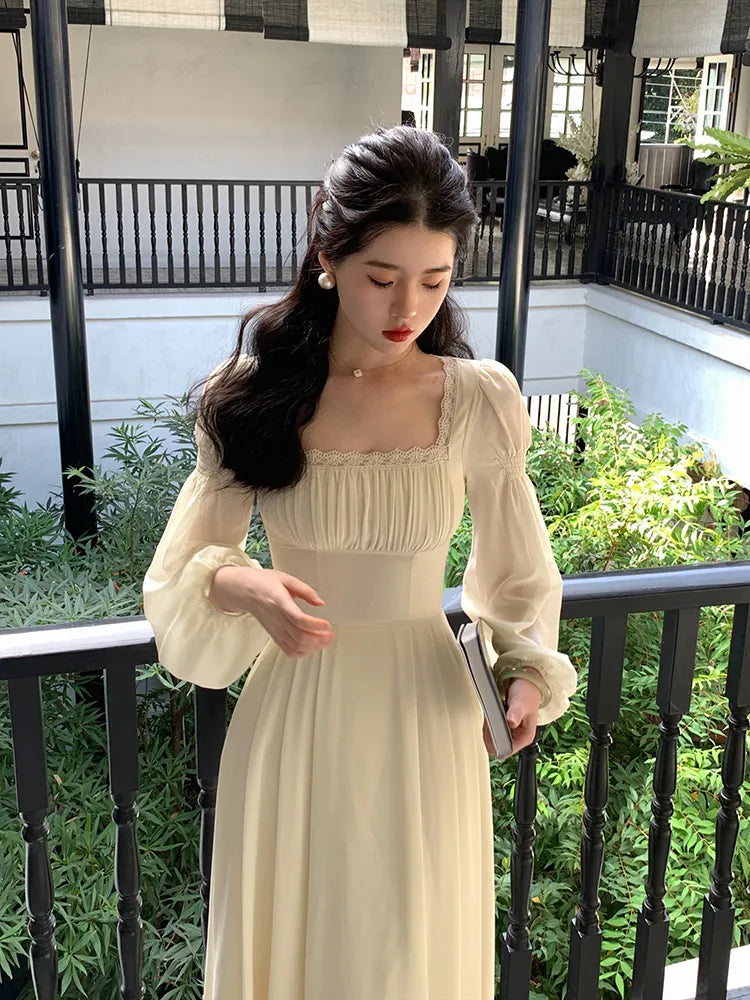 Vintage Puff Sleeve Square Neck French Fashion Evening Long Dresses for Women Elegant Summer  Bodycon Dress Beach Clothing