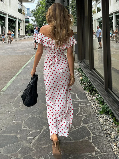 Polka Dot White Dress RUFFLES U-Neck Maxi Dress Female Sexy Sheer Lace-up Long Dress Spring Summer New Partywear