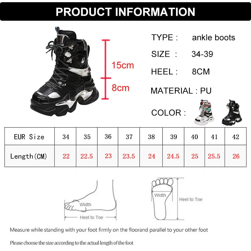 Fashion Women Chunky Platform Motorcycle Boots Lace Up Thick Bottom Ankle Botas Mujer High Top Punk Sneaker Shoes