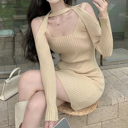 binfenxie Autumn Winter Women Long Sleeve Off Shoulder Dress Shawl Spaghetti Straps Sexy Bodycon Dress Women Beach Holiday Dress