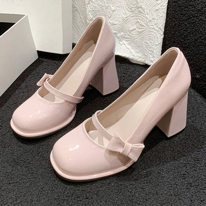 binfenxie  -    High Heels Mary Janes Women Cute Round Toe Patent Leather Pumps Woman Slip-On Square Heeled Bow Party Shoes Ladies