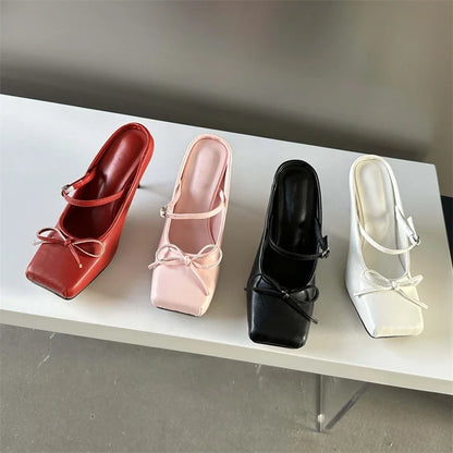 binfenxie  New Design Bowknot Square Toe Women Pumps Sexy Buckle Strap Thin High Heels Banquet Prom Mule Slippers Shoes