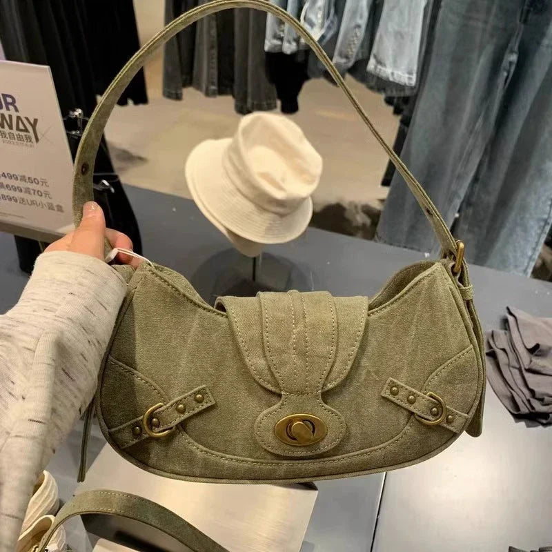 binfenxie Y2k Vintage Shoulder Bag American Street Style Rivets Green Canvas Handbag Gothic Punk Biker Cool Designers Underarm Bag