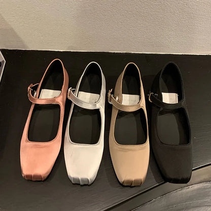 binfenxie  -   Spring New Women Pink Flat Shoes Fashion Silk Square Toe Shallow Ladies Ballet Shoes Soft Casual Flat Mary Jane Shoes