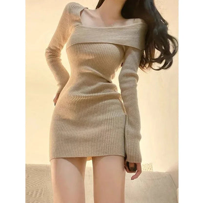 binfenxie Women's Long sleeved Dress One line Neck Knitted Wrapped Hip Dress Autumn Fashion Off the Shoulder Dresses