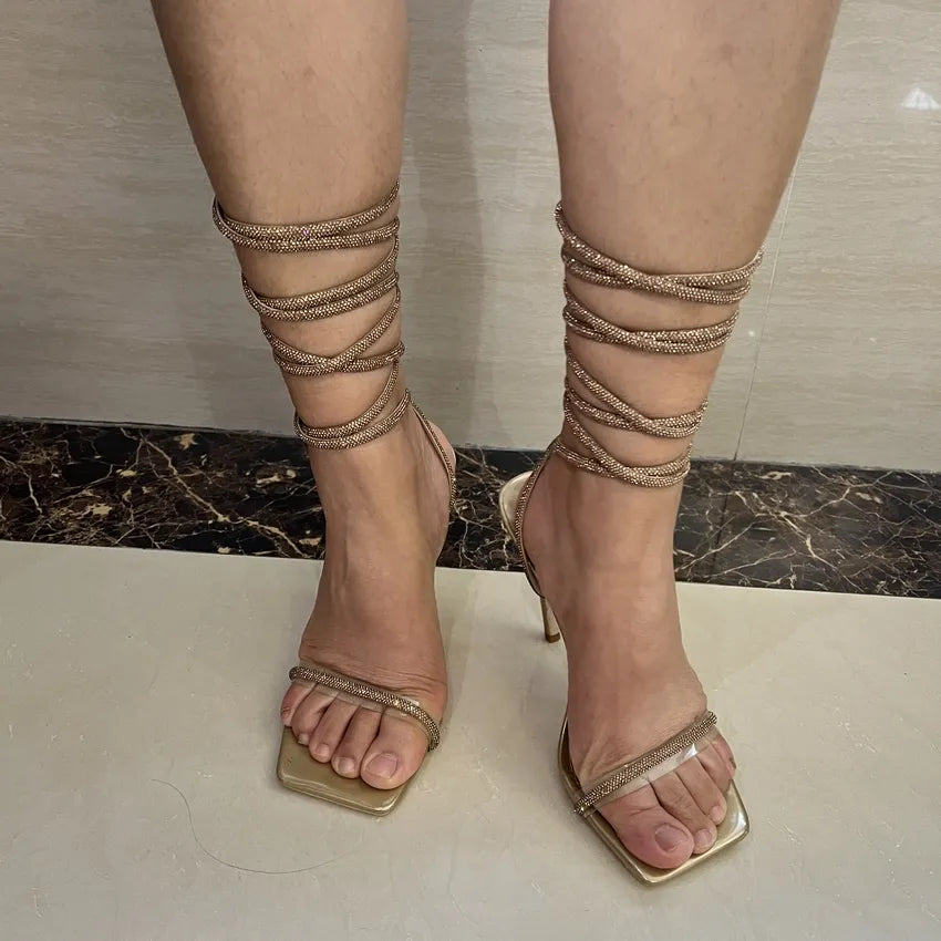 Sexy Summer Women Sandals Crystal Ankle Cross Strap High Heels Party Wedding Banquet Open Toe Club Stripper Heels Shoes Woman