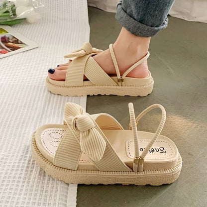 New Style Fairy Style Lady Summer Slippers Thick Platform Flat Sandals with Butterfly-Knot Summer Flip Flops Sandals Women