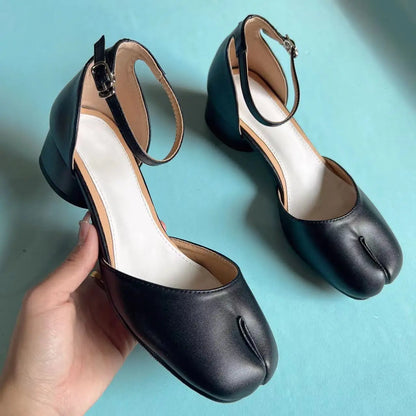 Summer Women Mary Jane Real Pig Leather Shoes High Heels Round Heel Shoes Ballet Ankle Strap Pumps Ninja Split Toe Sandals