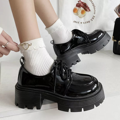 Patent Leather Platform Loafers Women Preppy Style Lace Up Oxford Shoes Woman Black Thick Bottom Y2K Shoes Female