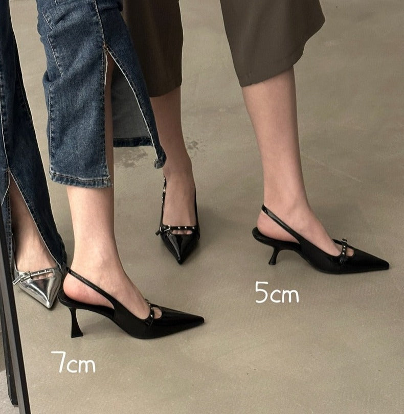 Fashion Slingback Sandals Women Med Heels Pumps Rivet Shoes Elegant Pointed Toe Female Mules Dress Slides Denim Sandalias  Mujer