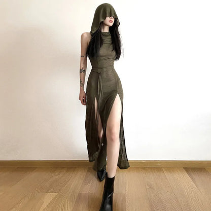 binfenxie Cyber Gothic Desert Walker Hooded Dresses Y2k Punk Grunge Hollow Out Midi Dress Women Sexy Split Side Solid Streetwear