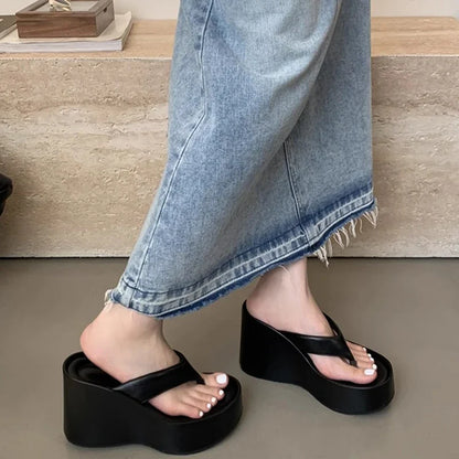 Summer Chunky Woman Slippers Fashion Platform Wedges High Heel Silvery Ladies Shoes