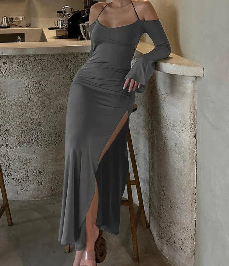 binfenxie Halter Solid Long Sleeve Backless Lace Up Slit Sexy Slim Maxi Dress 2024 Spring Elegant Festival Party Club Clothes Y2K