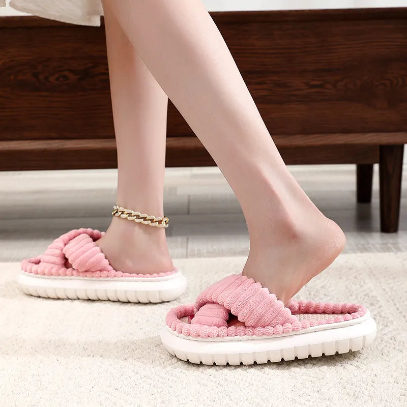 New Women Home Slippers Autumn Winter Open-Toe Cross Band Linen Soled Indoor Slides Linen Soled Non-Slip Bathroom Slippers