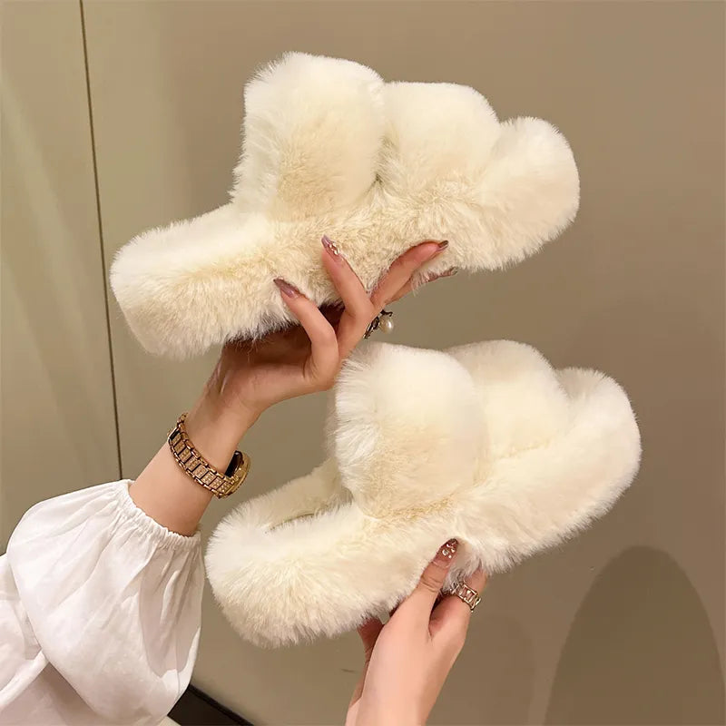 Winter Fluffy Slippers Women New House Home Fur Slippers For Women Flat Platform Cozy Fuzzy Indoor Shoes Korean Slides