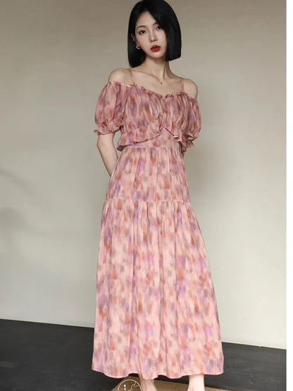 Summer New French Elegant Party Print Dress Sweet A Line Midi  Ladies Vintage Robes