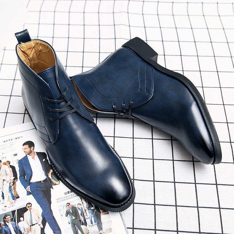 Men Ankle Boots Brown Black Blue Motorcycle Boots Lace Up Business Handmade Pu Leather Shoes for Men with Free Shipping