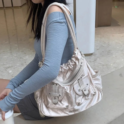 binfenxie  Y2k White Shoulder Bag for Women Pleated Soft Autumn New Trendy Tote Bag Multi-pocketed Large Capacity Handbag Sac