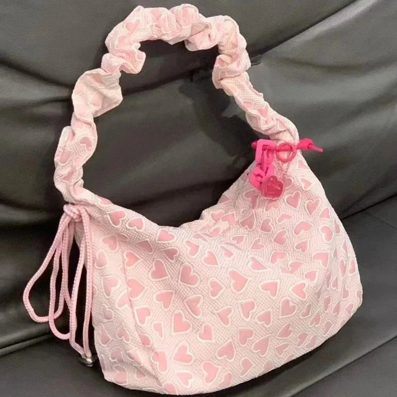 binfenxie Fashion Cute Women Shoulder Bag Heart Printed Korean Style Pink Handbag New Casual Large Capacity Pleated Crossbody Bag