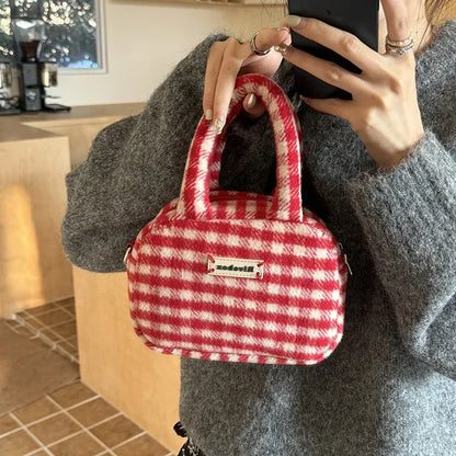 binfenxie Vintage Cute Handbag for Women Red Plaid Letter Soft Kawaii Crossbody Bag Autumn Winter New Luxury Designers Shoulder Bag