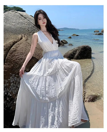 Sexy Backless Beach Holiday White Long Dresses for Women Summer New Korean Elegant Chic Sleeveless Casual Bandage Female Clothes