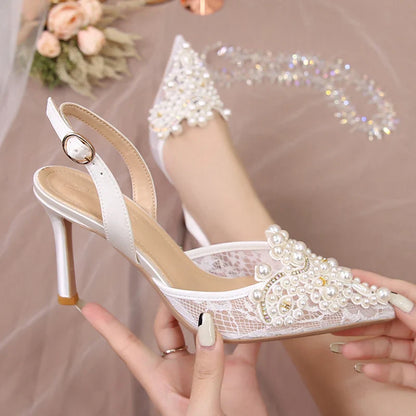 binfenxie  -   Sexy Lace Thin Heels Sandals Women Elegant Pearl High Heels Pumps Woman  Summer Pointed Toe Bling Crytsal Party Shoes