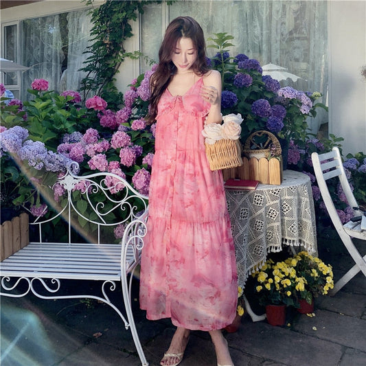 Summer Floral Strap Dress Women Elegant Pink Backless Long Formal Slip Dresses for Wedding Guest Bridesmaid Birthday Prom