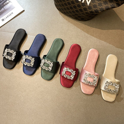 Summer New Square Rhinestones Satin Flat Slippers for Women Shoes Fashion Slides Comfort Light Sandals Female Silk Sandalia