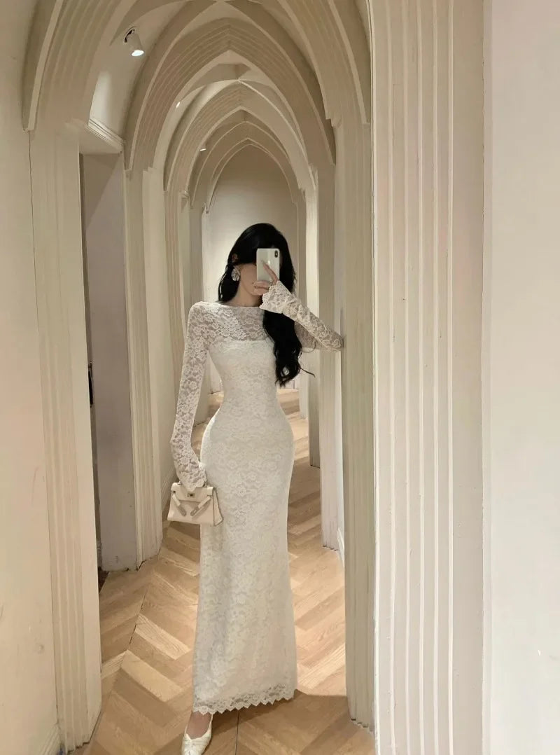 Vintage Sexy Lace Bodycon White Long Dresses for Women Autumn New Elegant Evening Party Prom Long Sleeve Female Clothing