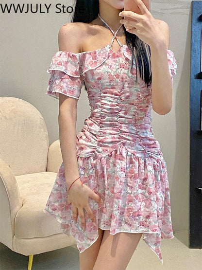 Off Shoulder Floral Y2k Mini Dress Woman French Elegnat Short Party Dress 2022 Summer Casual Sweet Sexy One Piece Dress Korean